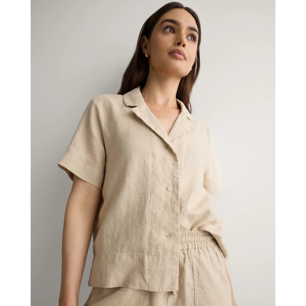 Quince Neutral Boxy Linen Button Up Shirt L